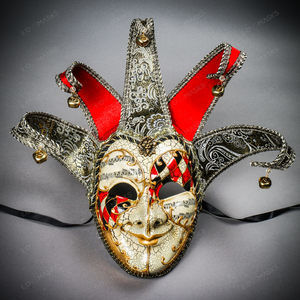 Medieval Jester Musical Joker Venetian Masquerade Mask Gold Lip Bells Red Black